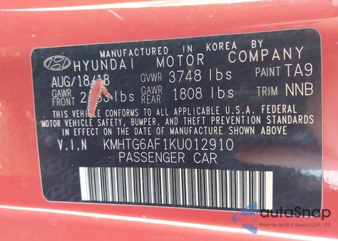 2019 Hyundai Veloster 2.0 Premium z USA, uszkodzony, nr VIN KMHTG6AF1KU012910